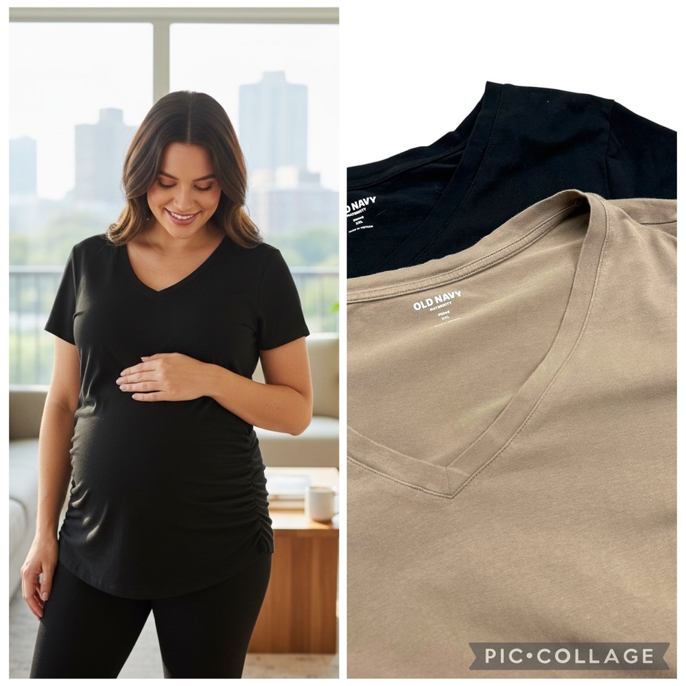 Old Navy Maternity Fitted V-Neck Ruched T-Shirt 2 Pack Black Taupe XXL